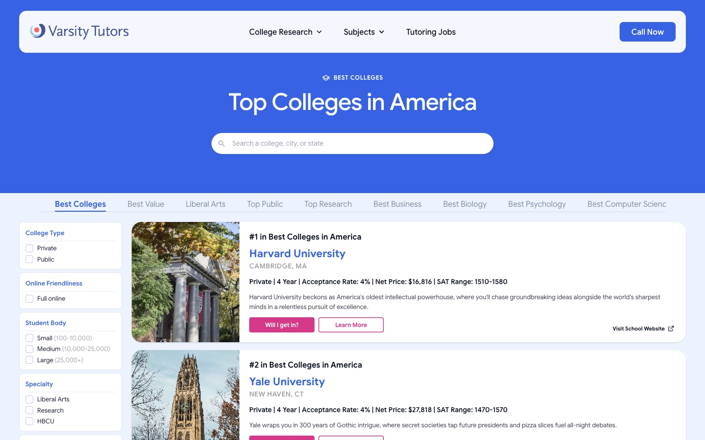 Redesigned Varsity Tutors rankings page with search, categories, filters, and ranked results